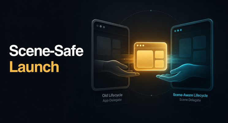Cover image for adopting UIScene showing a scene-safe launch handoff between lifecycle windows