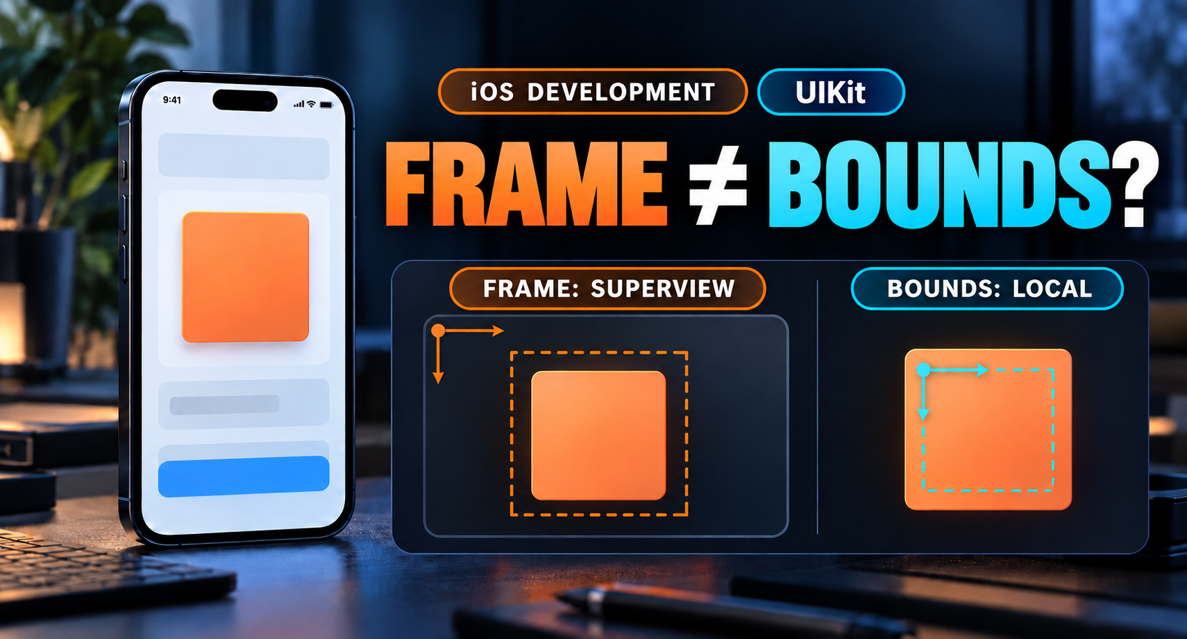 iOS Development and UIKit cover comparing frame in superview coordinates with bounds in local coordinates